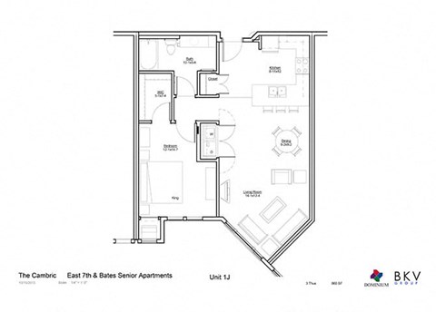 Floor plan for 1 bed, 1 bath, 860 sqft